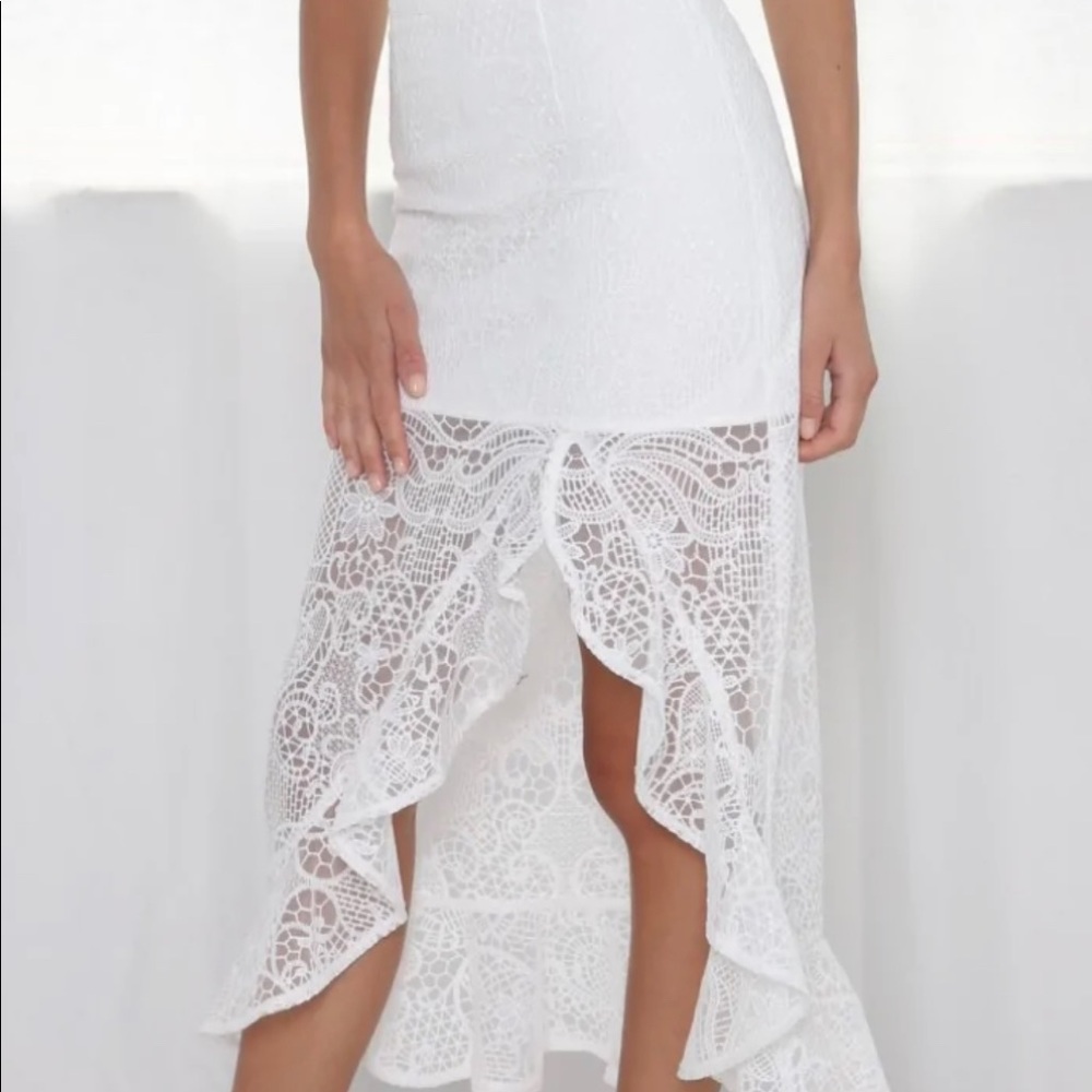 JAUS White Ruffle Midi Skirt Side Split Sheer Lace M/6 - Picture 6 of 7